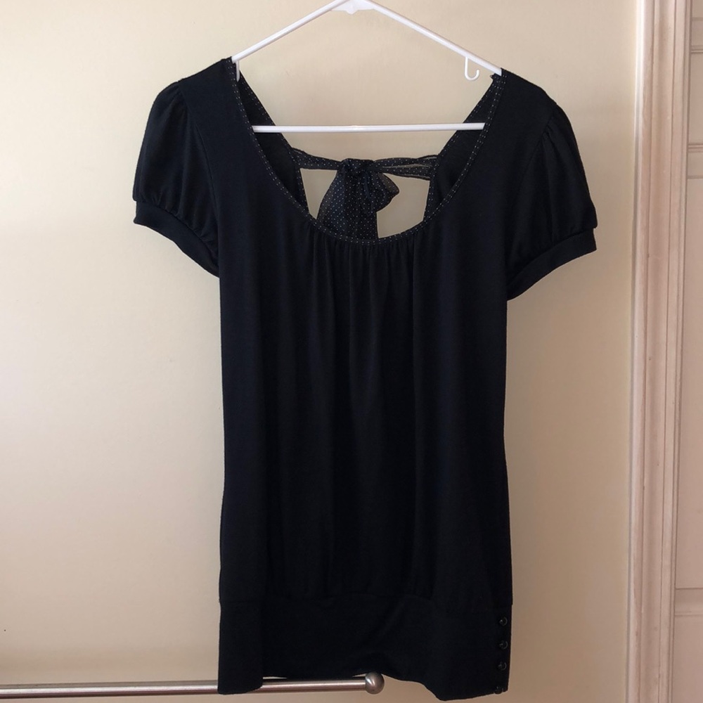 Women’s black dress top with tie back detail